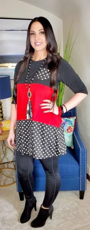 S-M : Black, Red, Polka Dot Color Block Flutter Tunic