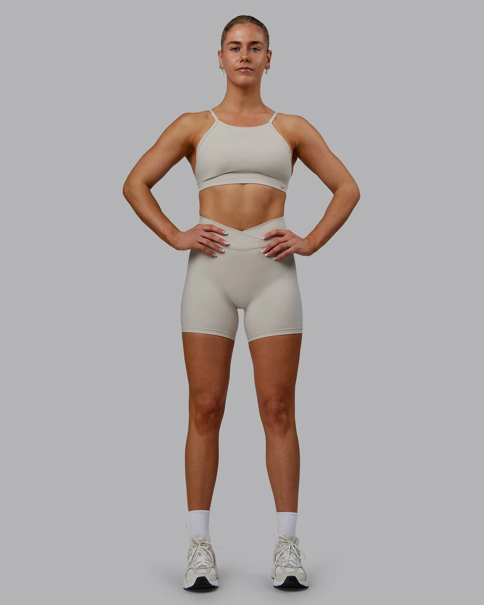 Sara Strike Cross Over Waist Mid Short Tights - Shale Beige