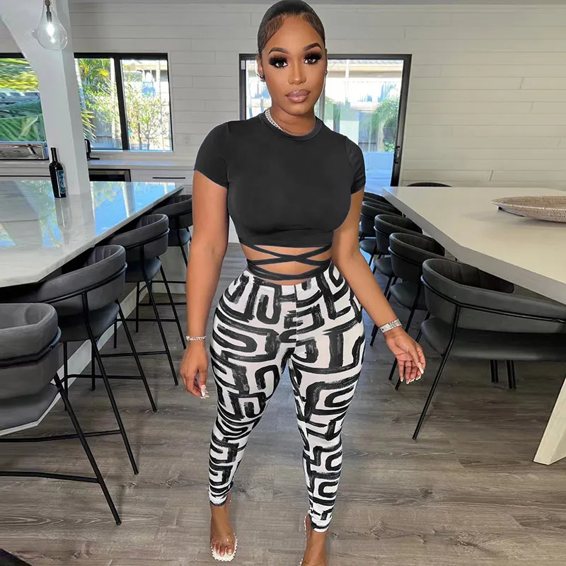 Saucy High-Waist Print Leggings & Wrap Crop Top Set