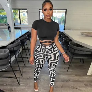 Saucy High-Waist Print Leggings & Wrap Crop Top Set