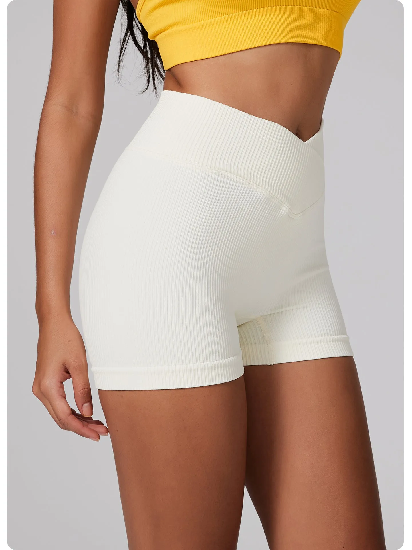 Seamless High-Waist Ribbed Fitness Shorts with Flattering V-Cut Design