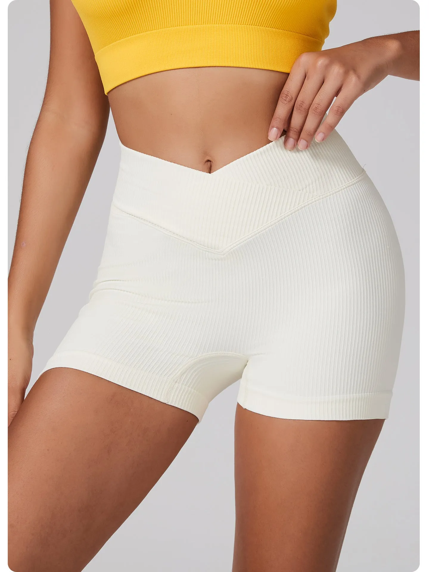 Seamless High-Waist Ribbed Fitness Shorts with Flattering V-Cut Design