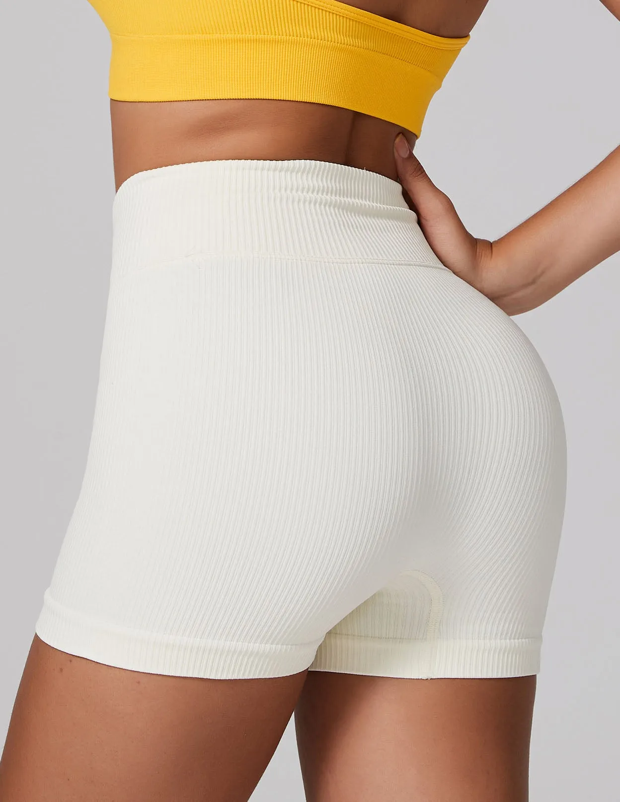 Seamless High-Waist Ribbed Fitness Shorts with Flattering V-Cut Design