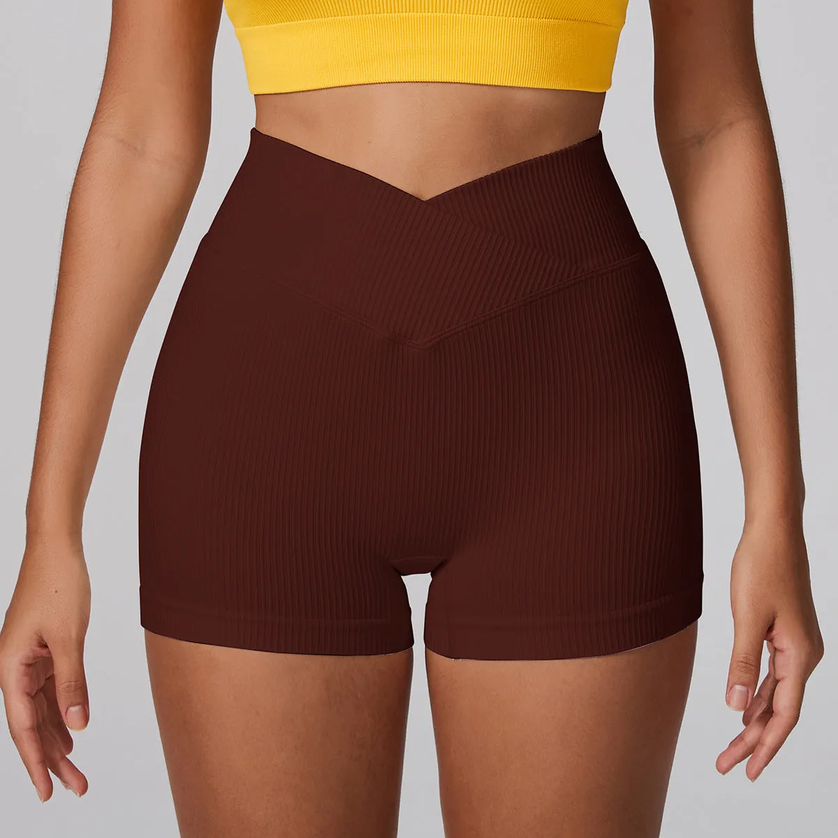 Seamless High-Waist Ribbed Fitness Shorts with Flattering V-Cut Design