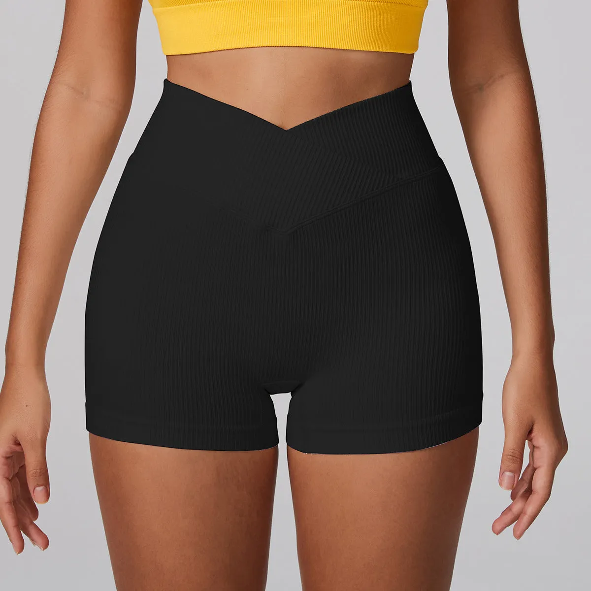 Seamless High-Waist Ribbed Fitness Shorts with Flattering V-Cut Design