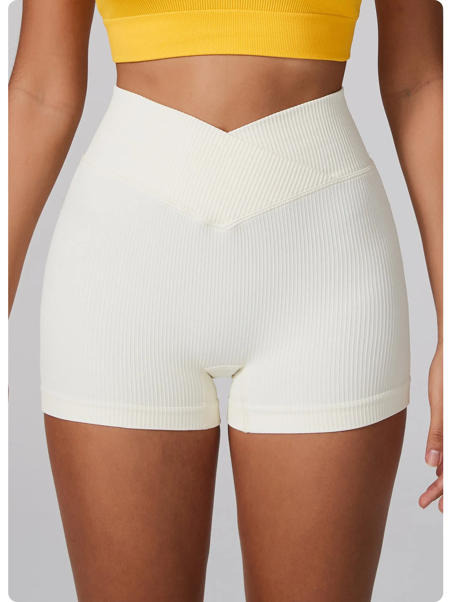 Seamless High-Waist Ribbed Fitness Shorts with Flattering V-Cut Design