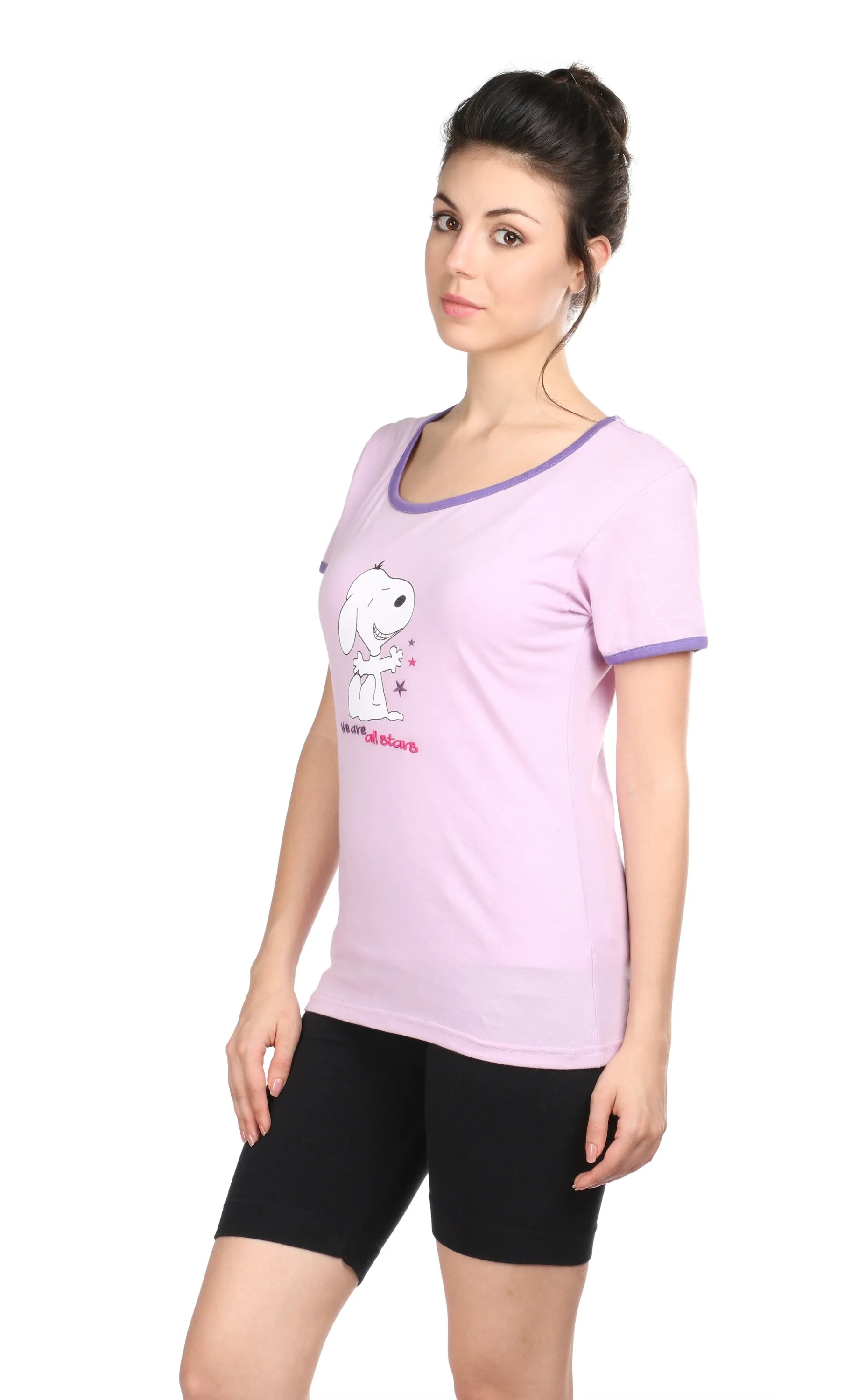 Semantic Women's Cotton T-Shirt - Star Print (Slim Fit)