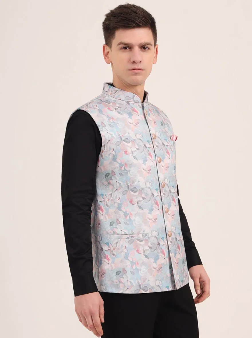 Sky Blue Printed Regular Fit Bandhgala Jacket | JB Studio