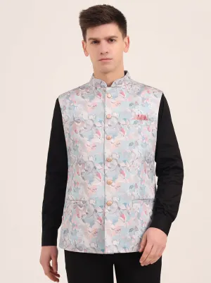 Sky Blue Printed Regular Fit Bandhgala Jacket | JB Studio