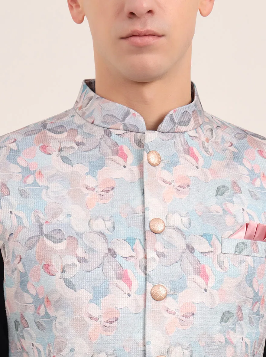 Sky Blue Printed Regular Fit Bandhgala Jacket | JB Studio