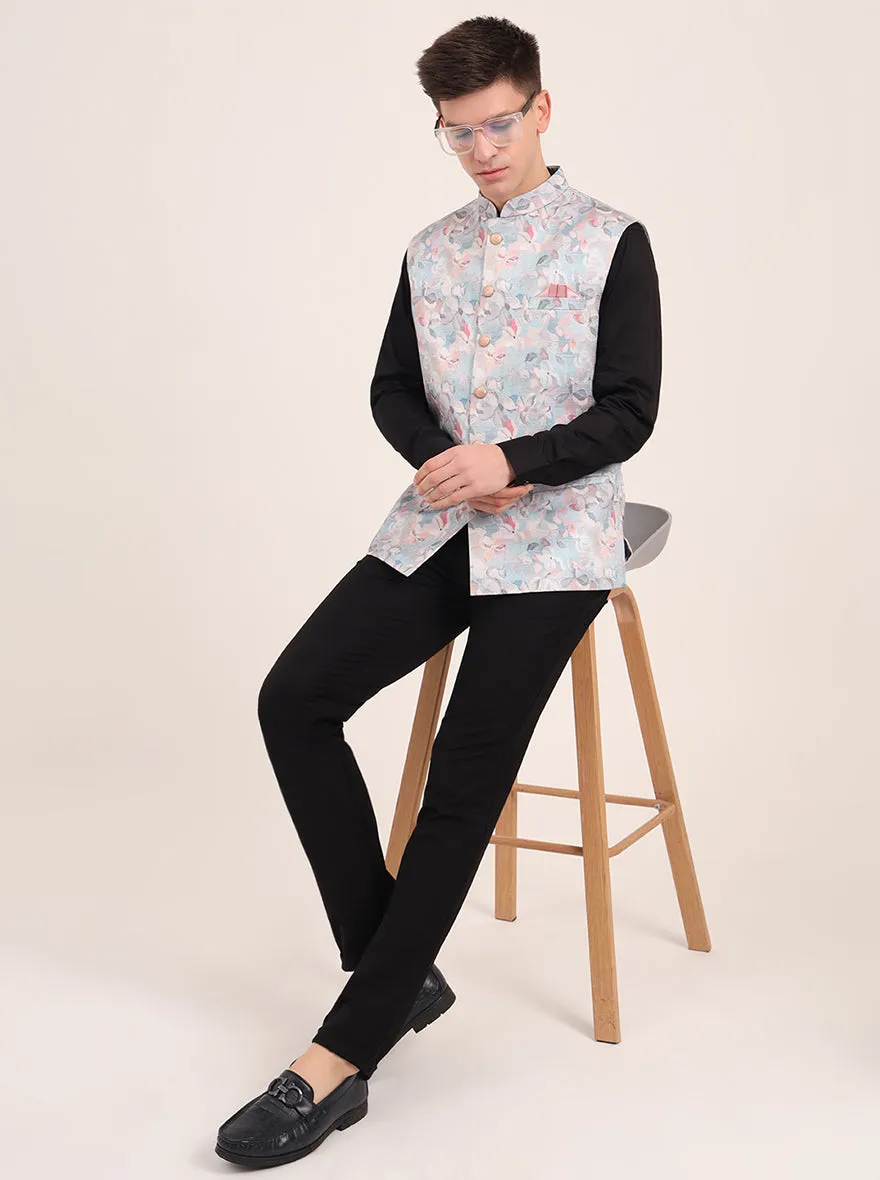 Sky Blue Printed Regular Fit Bandhgala Jacket | JB Studio