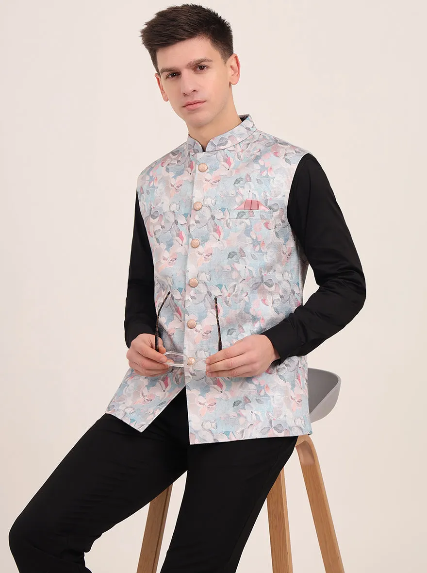 Sky Blue Printed Regular Fit Bandhgala Jacket | JB Studio