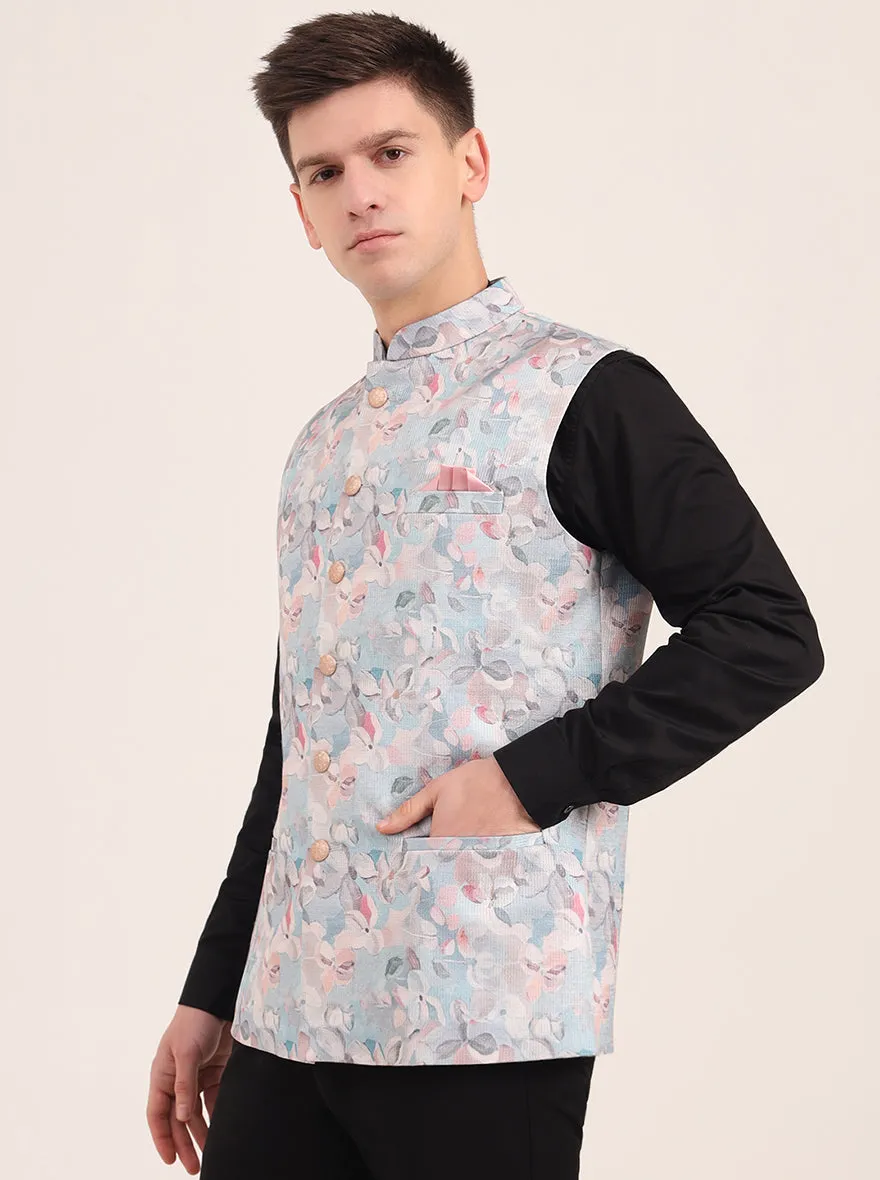 Sky Blue Printed Regular Fit Bandhgala Jacket | JB Studio