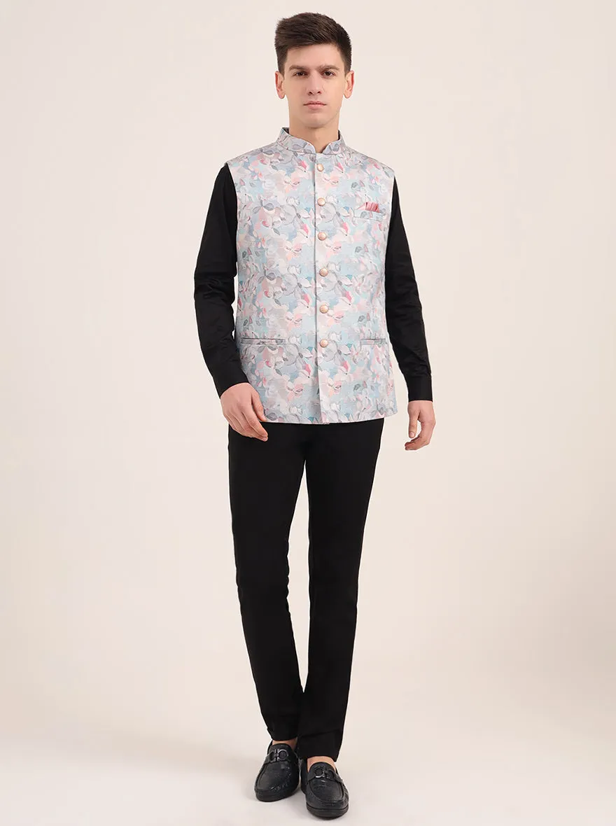 Sky Blue Printed Regular Fit Bandhgala Jacket | JB Studio