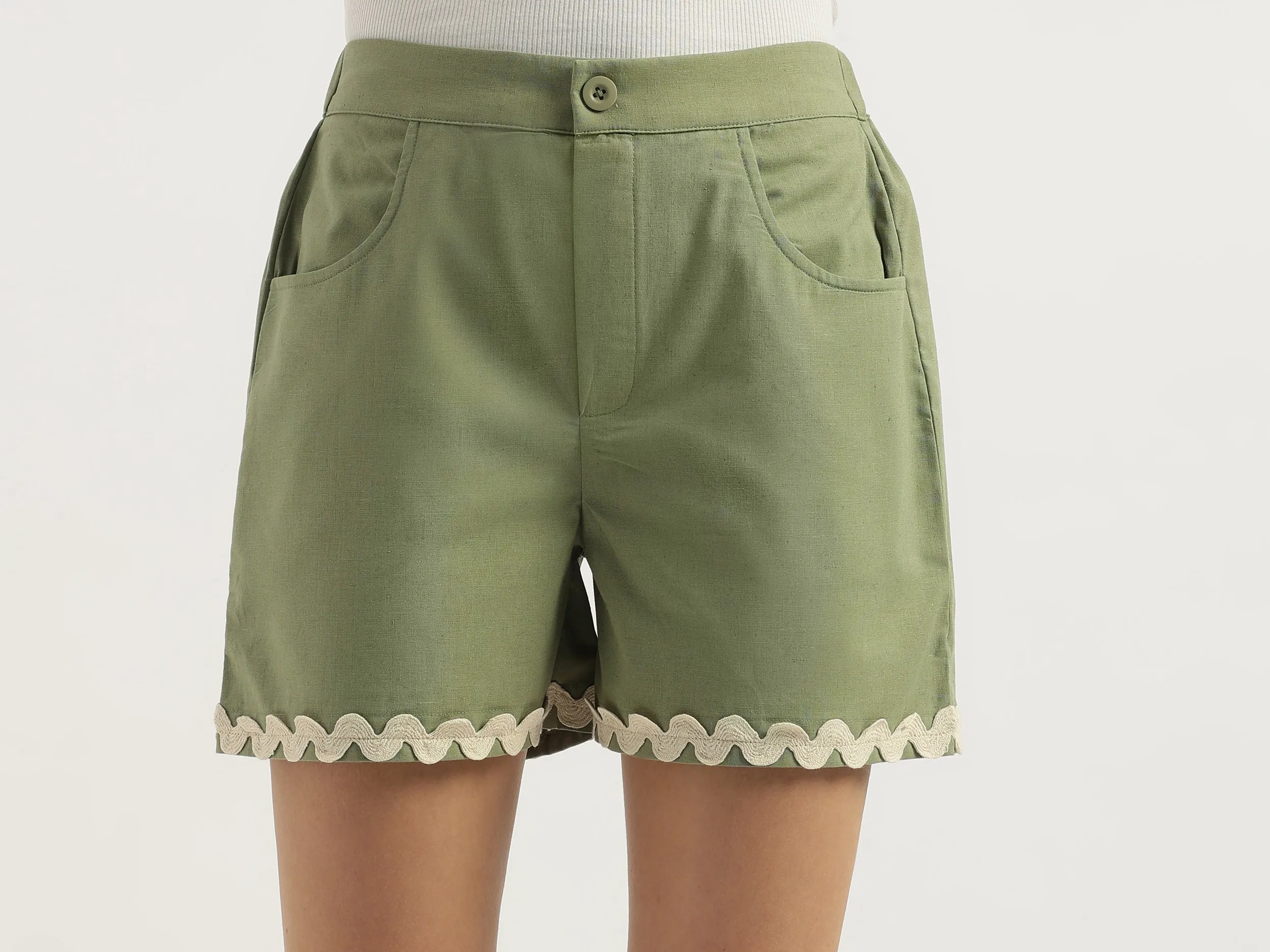 Solid Regular Fit Wavy Lace Detail Shorts