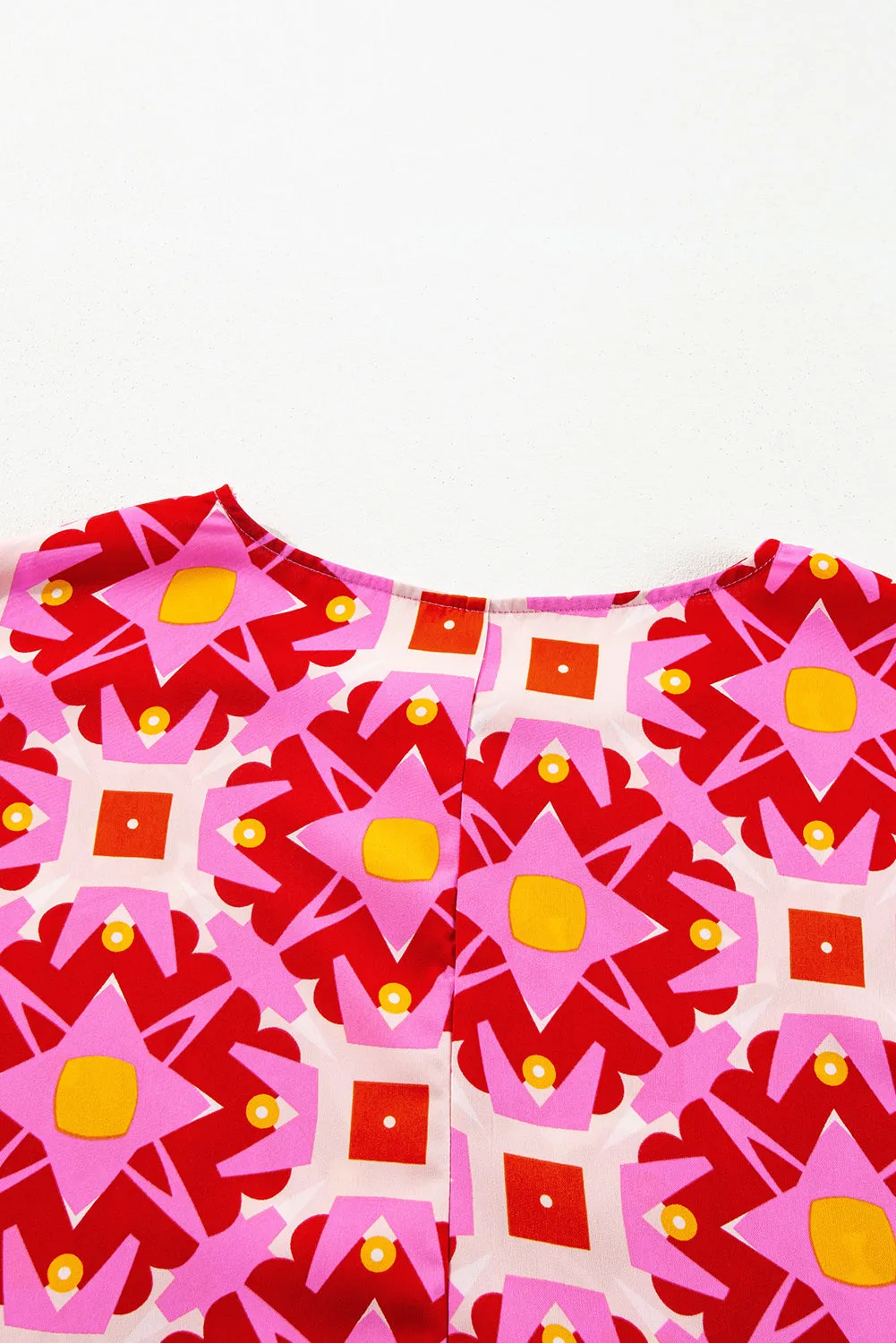 Strawberry Pink Geometric Print Shirred Cuff 3/4 Sleeve Loose Blouse