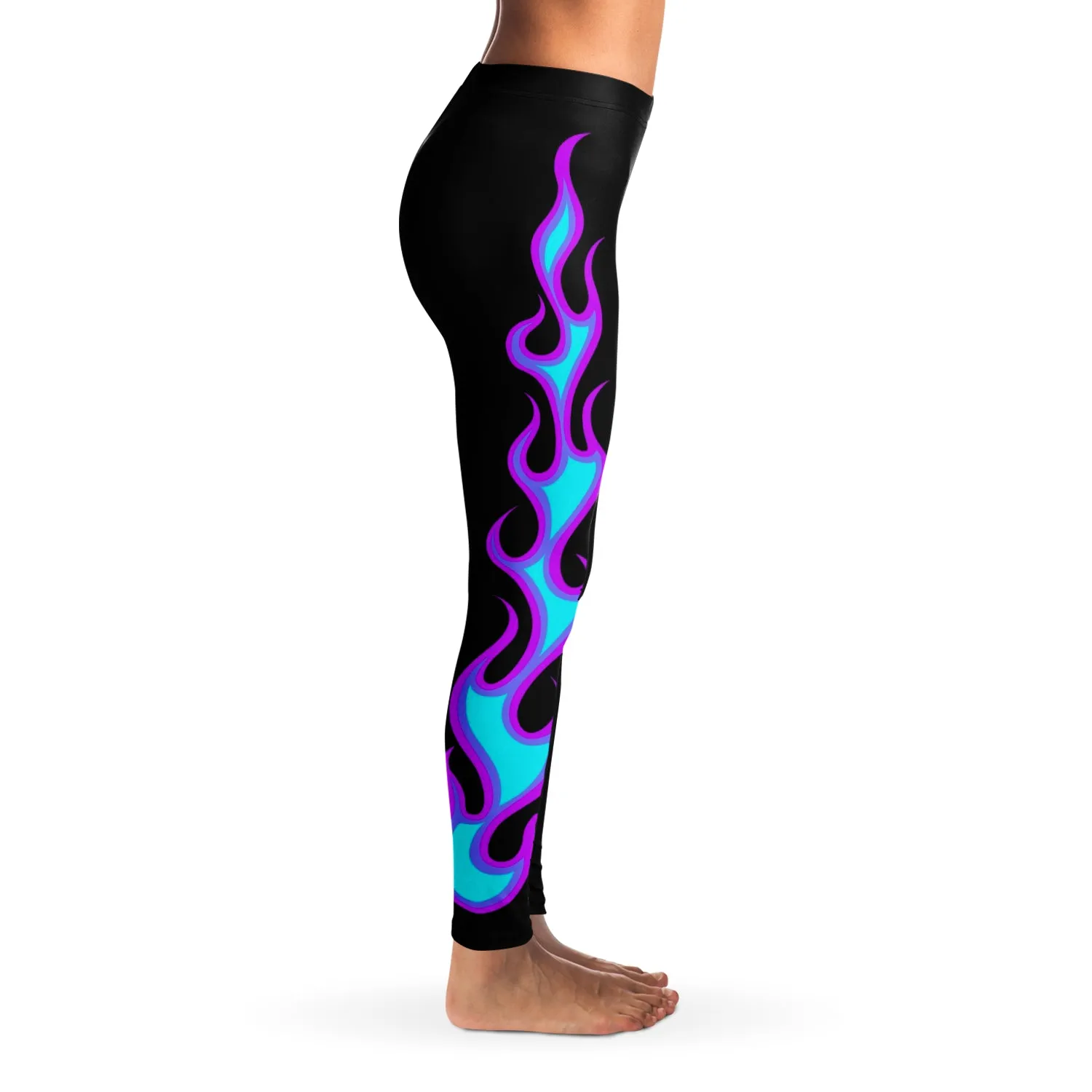 Teal and Purple Flames on Black Leggings XS - XL