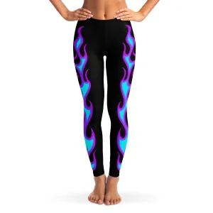 Teal and Purple Flames on Black Leggings XS - XL