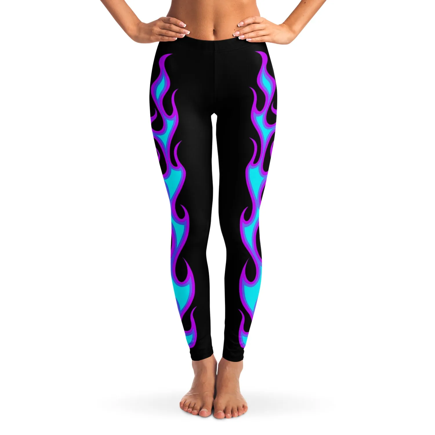 Teal and Purple Flames on Black Leggings XS - XL