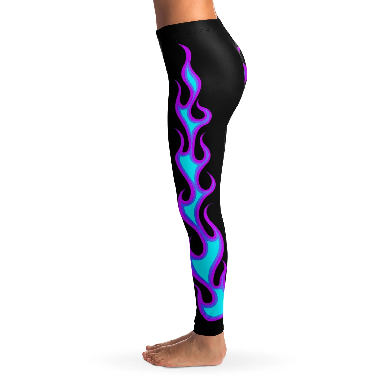 Teal and Purple Flames on Black Leggings XS - XL