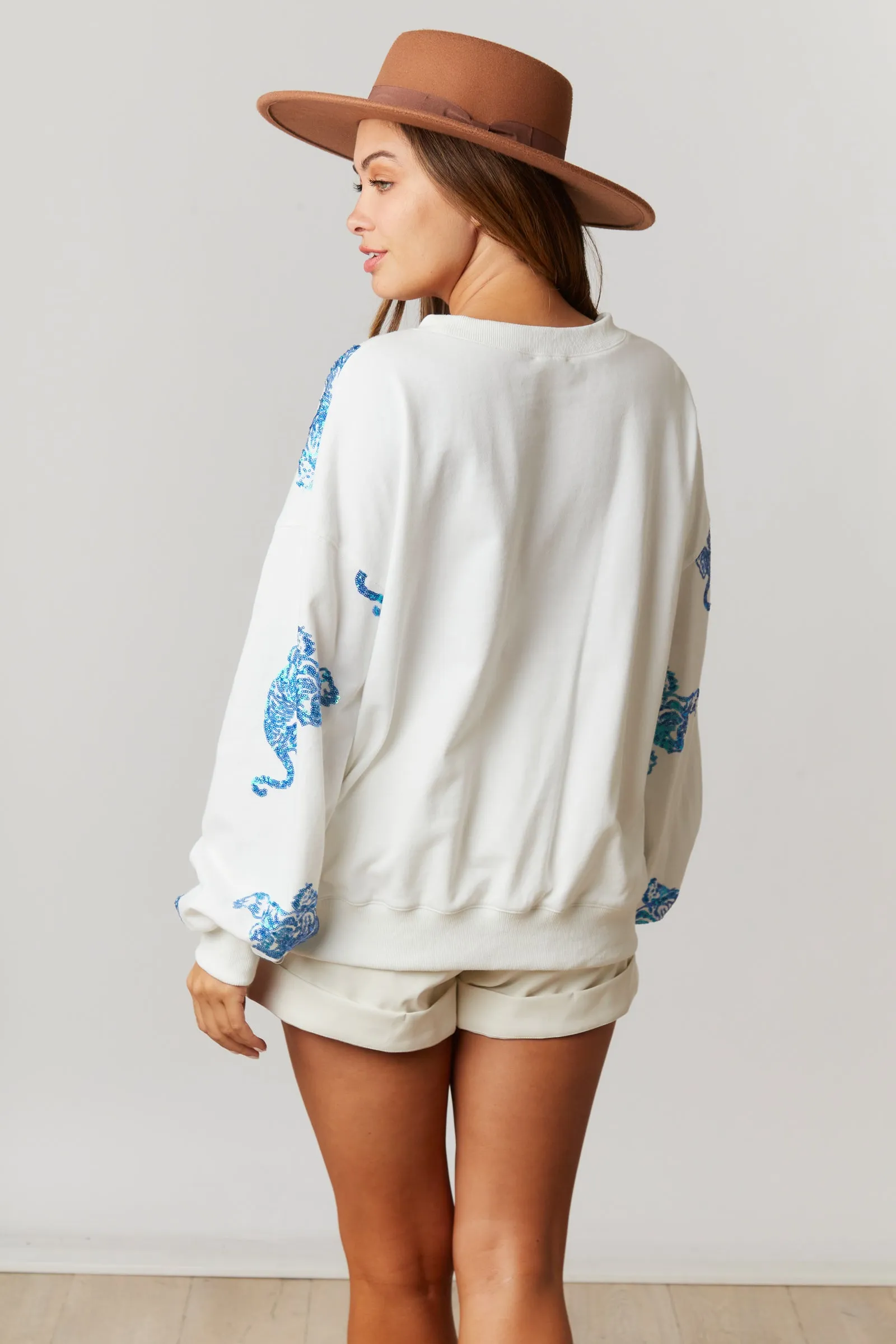 Tiger Sequins LS French Terry Crew Neck Loose Fit Pullover