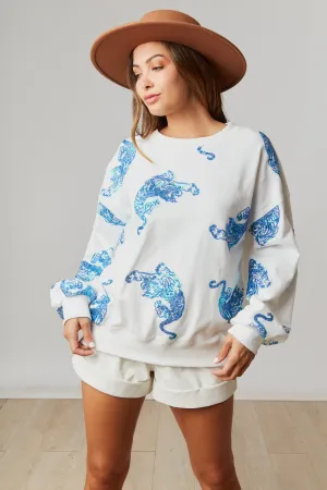 Tiger Sequins LS French Terry Crew Neck Loose Fit Pullover