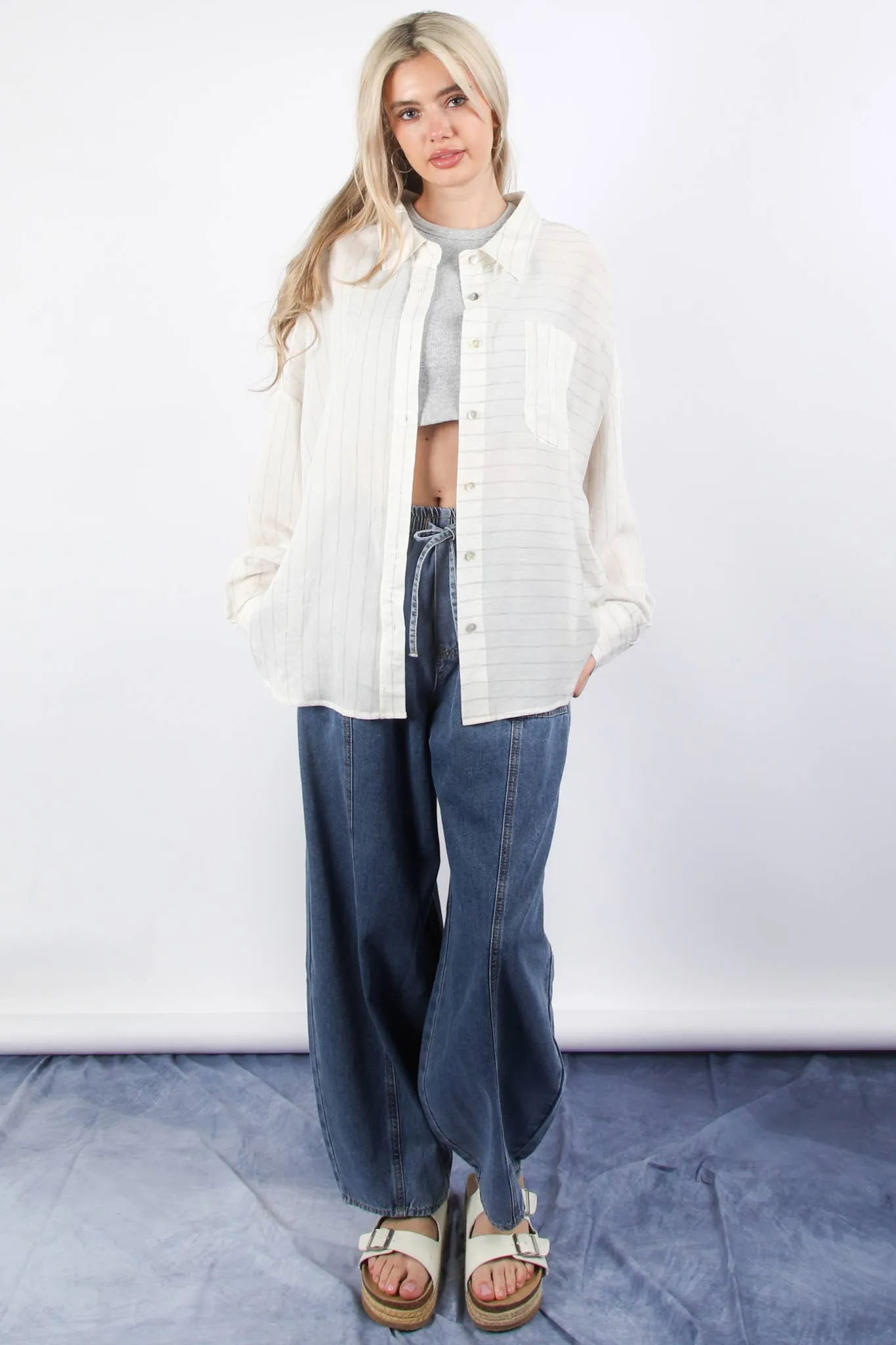Washed Chambray Barrel Denim Pants