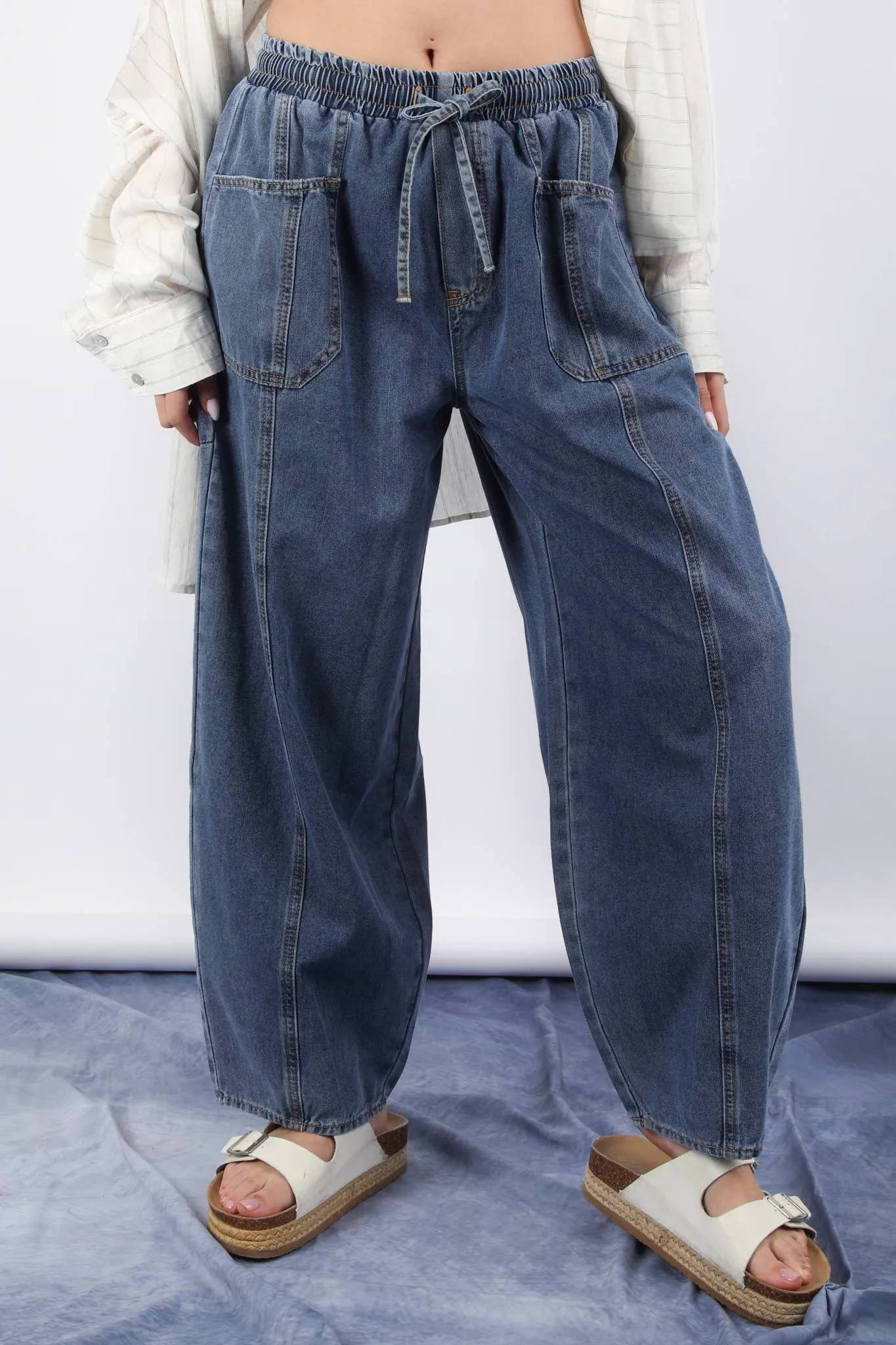 Washed Chambray Barrel Denim Pants