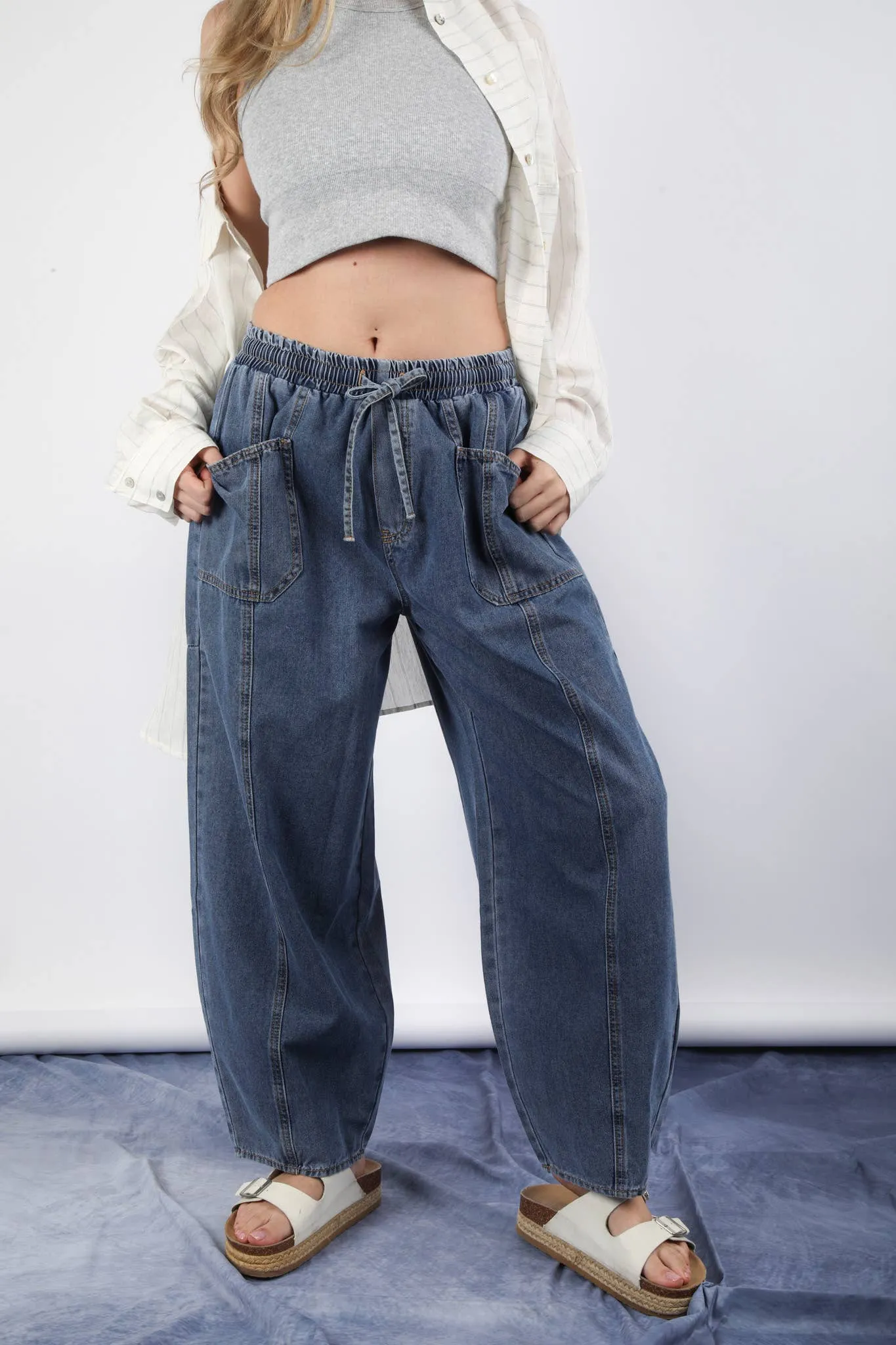 Washed Chambray Barrel Denim Pants