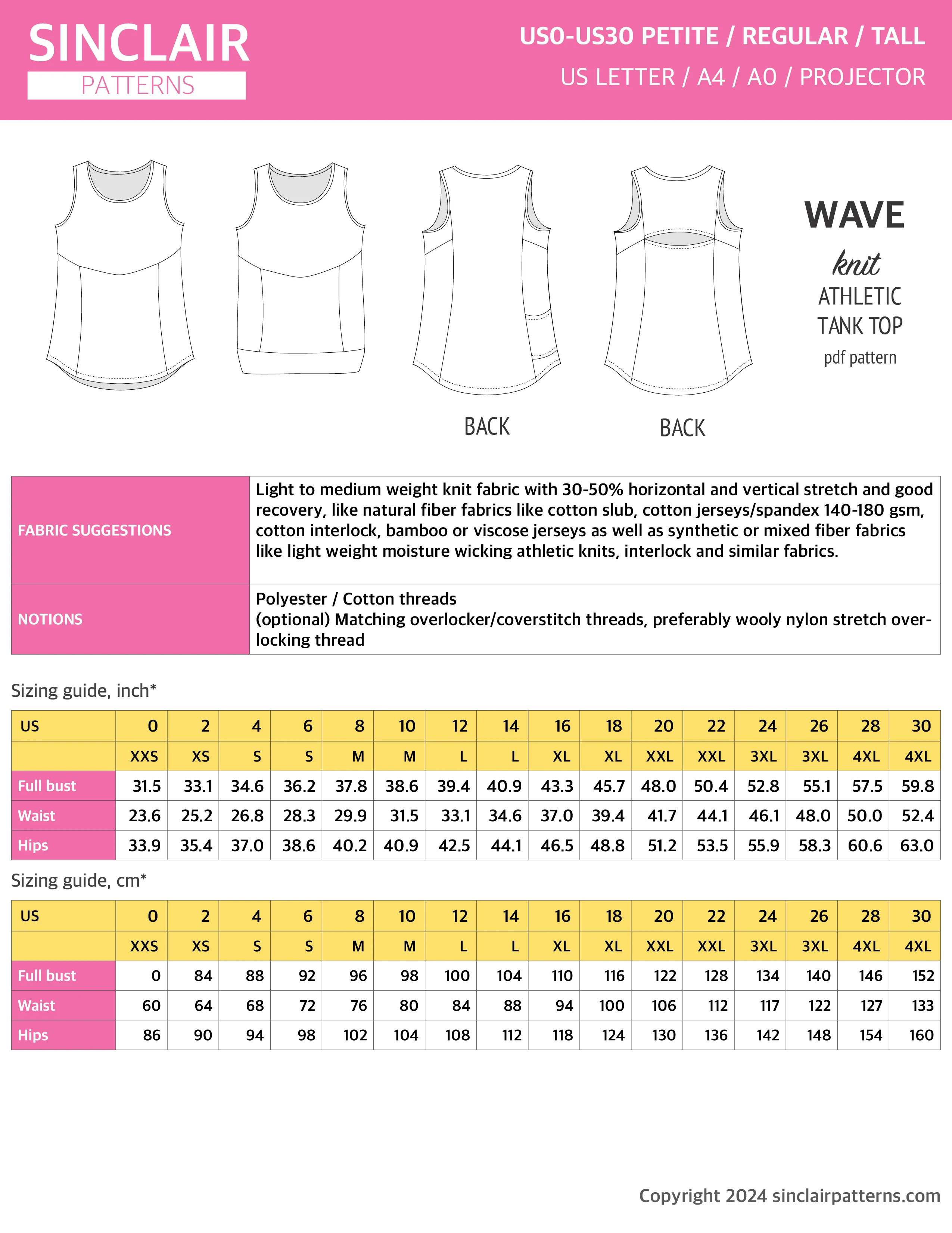 Wave athletic knit tank top with waistline shaping (PDF)