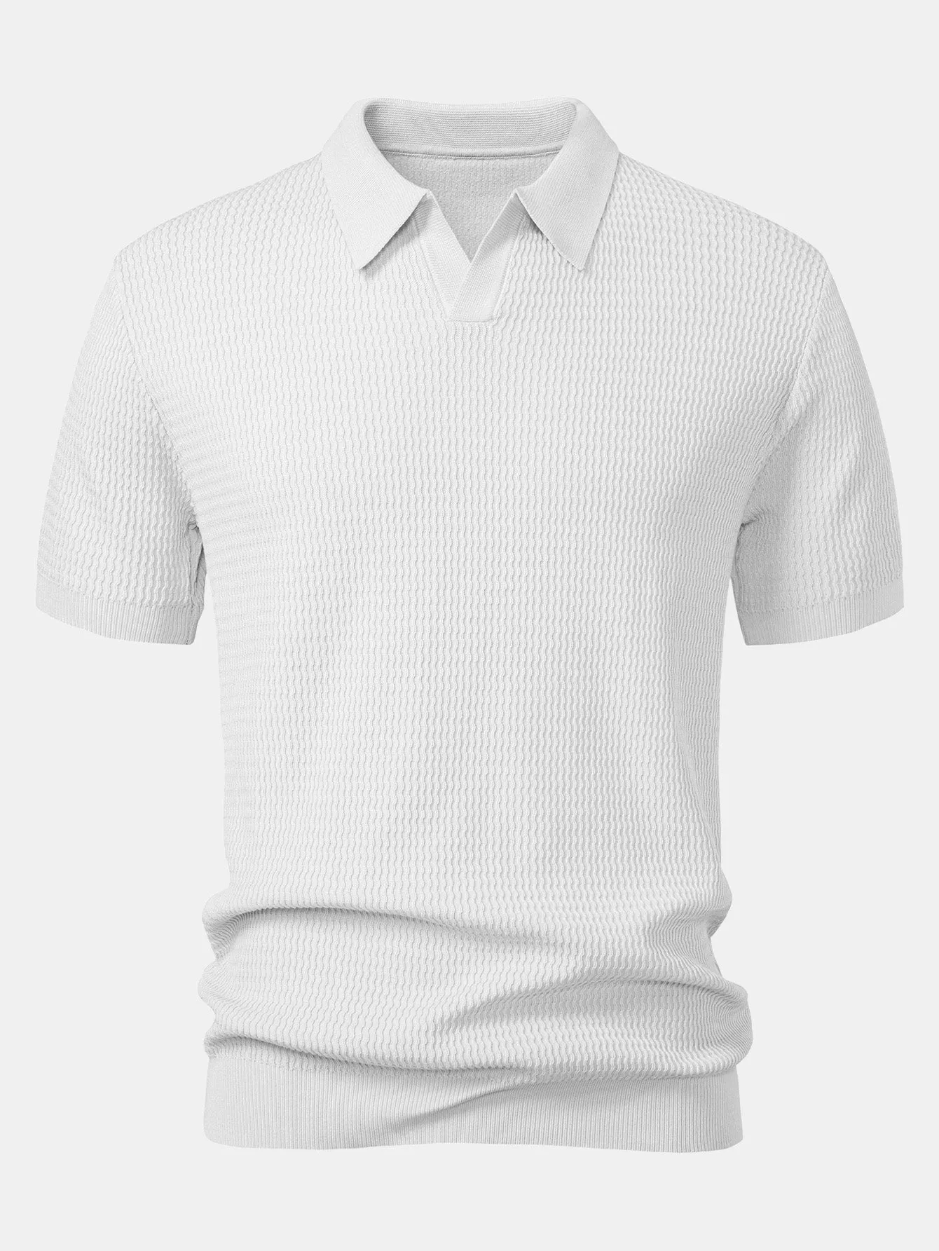 Wave Jacquard Knit V Neck Polo Shirt & Straight Leg Ribbed Pants