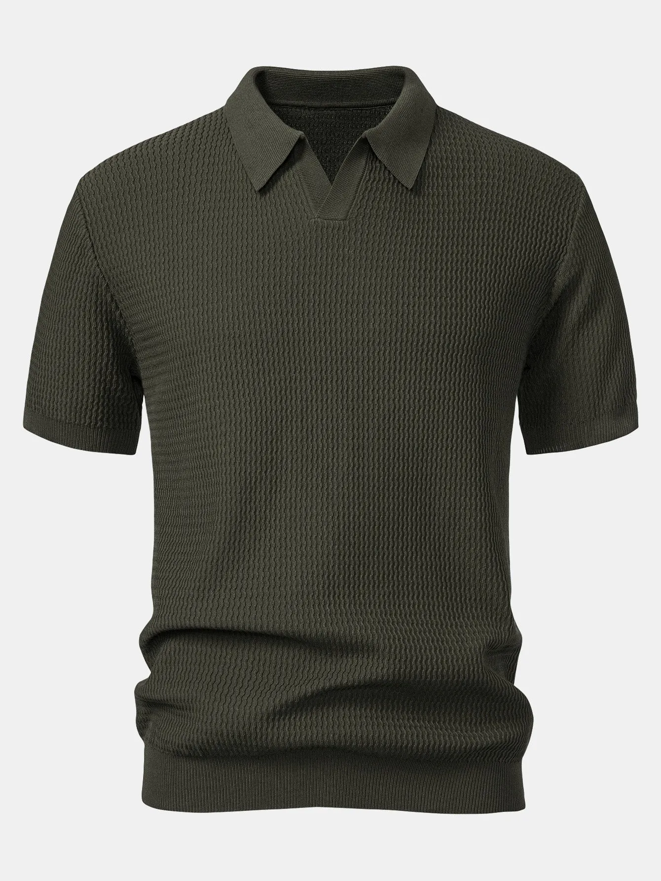 Wave Jacquard Knit V Neck Polo Shirt & Straight Leg Ribbed Pants