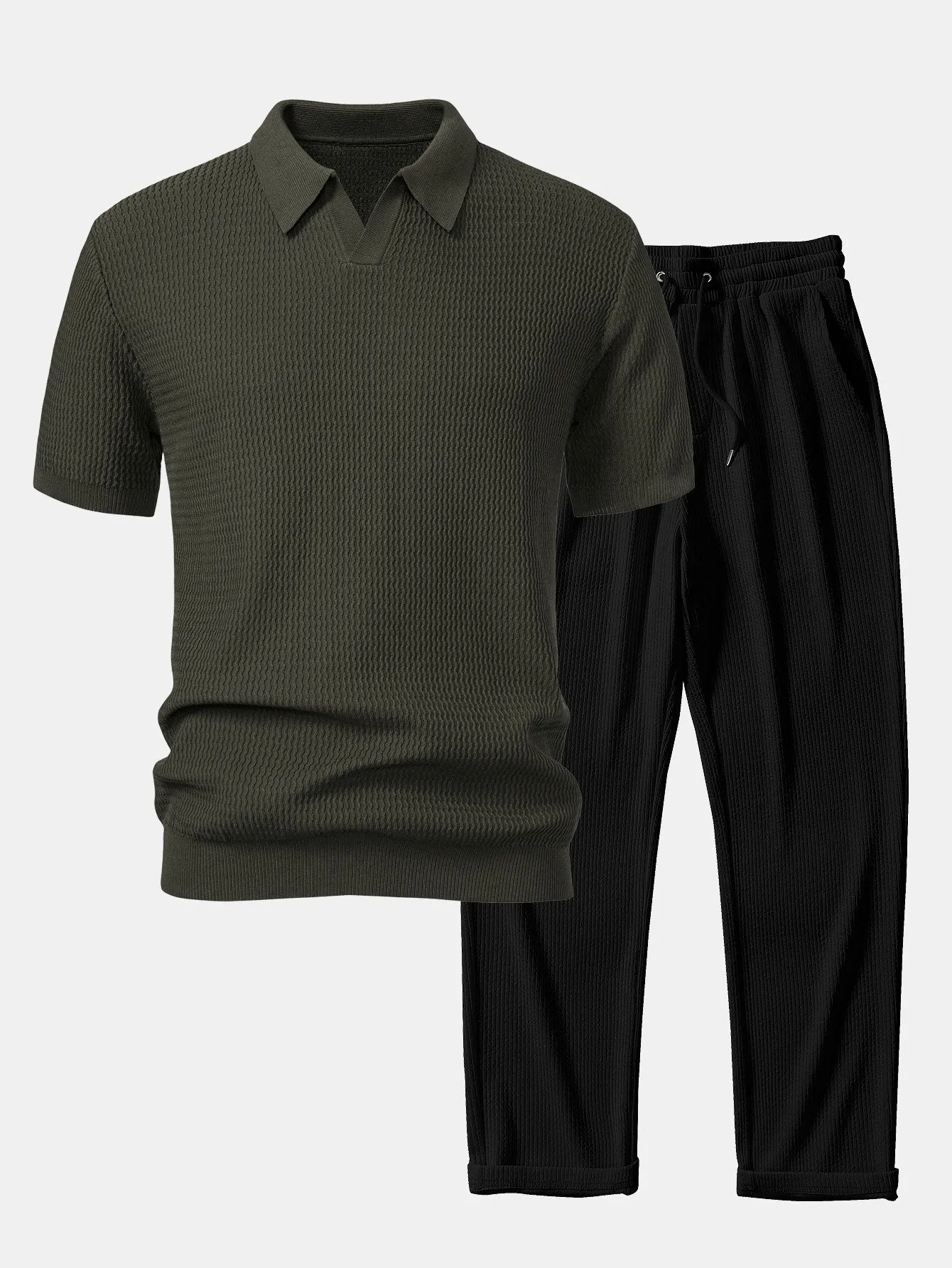 Wave Jacquard Knit V Neck Polo Shirt & Straight Leg Ribbed Pants