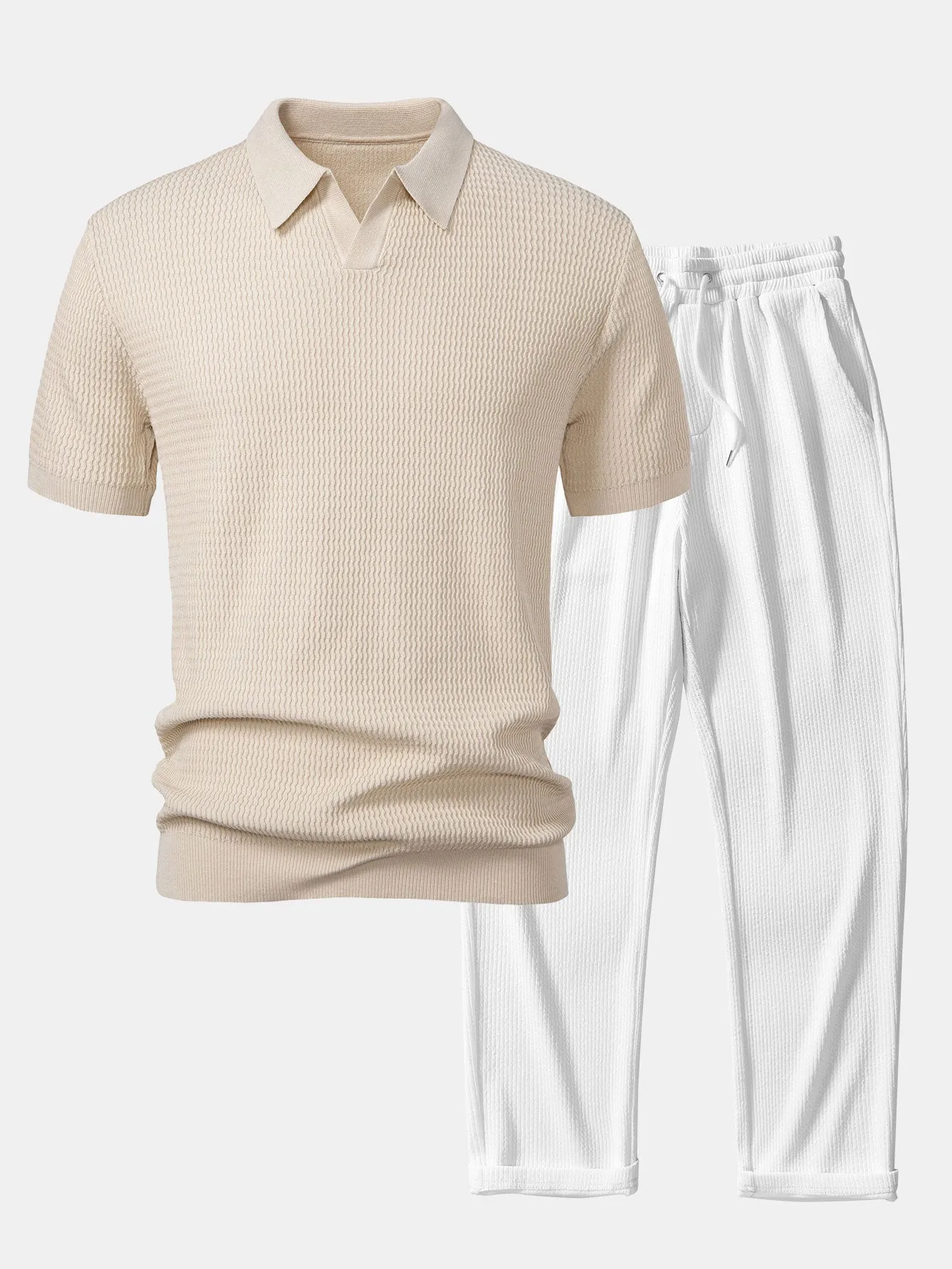 Wave Jacquard Knit V Neck Polo Shirt & Straight Leg Ribbed Pants