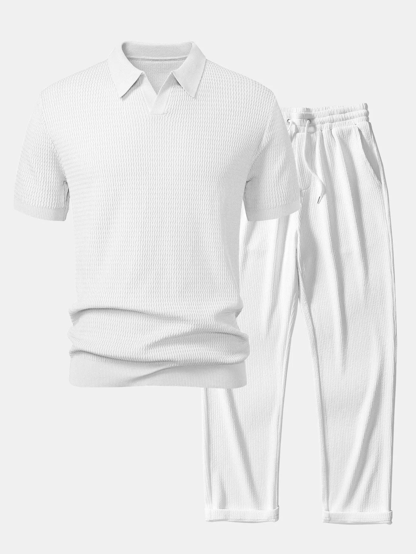 Wave Jacquard Knit V Neck Polo Shirt & Straight Leg Ribbed Pants