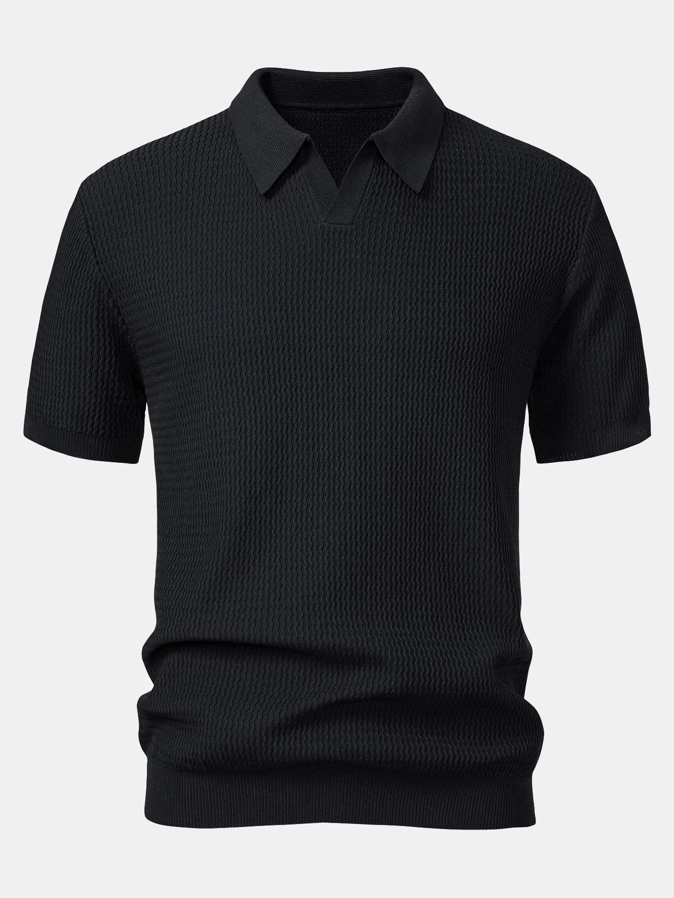 Wave Jacquard Knit V Neck Polo Shirt & Straight Leg Ribbed Pants
