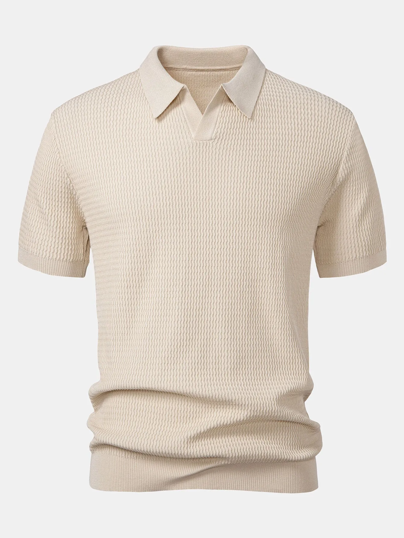 Wave Jacquard Knit V Neck Polo Shirt & Straight Leg Ribbed Pants