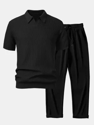 Wave Jacquard Knit V Neck Polo Shirt & Straight Leg Ribbed Pants