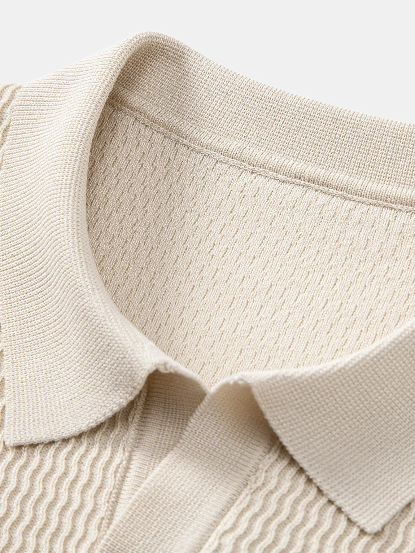 Wave Jacquard Knit V Neck Polo Shirt & Straight Leg Ribbed Pants