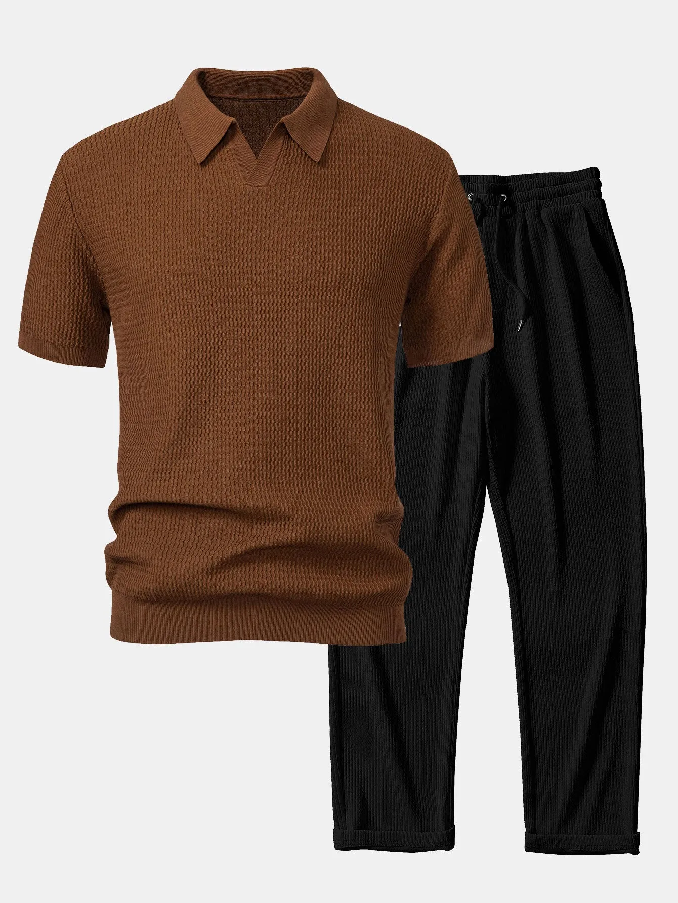 Wave Jacquard Knit V Neck Polo Shirt & Straight Leg Ribbed Pants