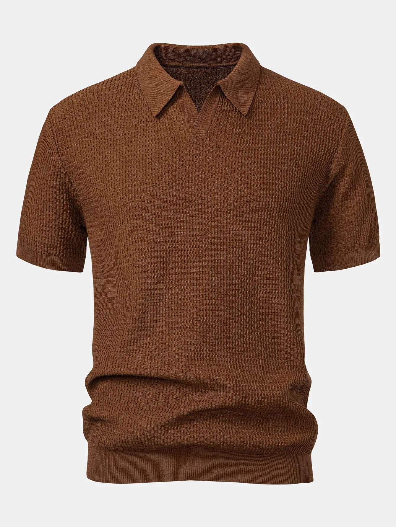 Wave Jacquard Knit V Neck Polo Shirt & Straight Leg Ribbed Pants
