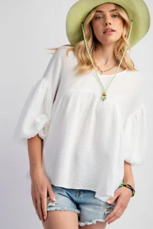 White Cotton Gauze Loose Fit Babydoll Top