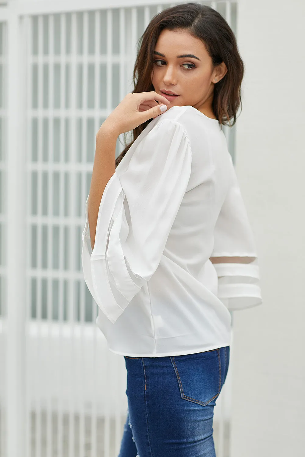 White Flare Sleeve V Neck Loose Blouse
