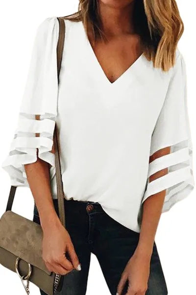 White Flare Sleeve V Neck Loose Blouse