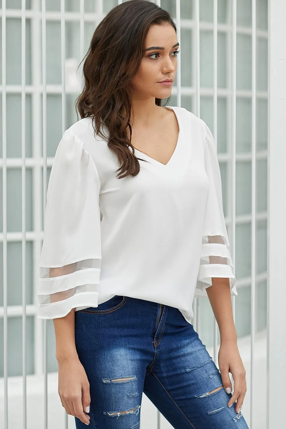 White Flare Sleeve V Neck Loose Blouse