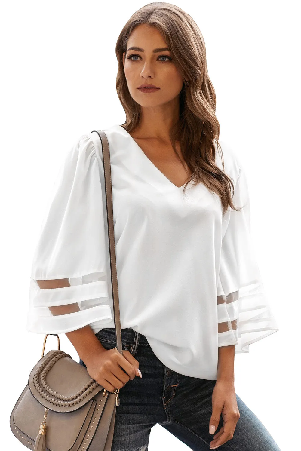 White Flare Sleeve V Neck Loose Blouse