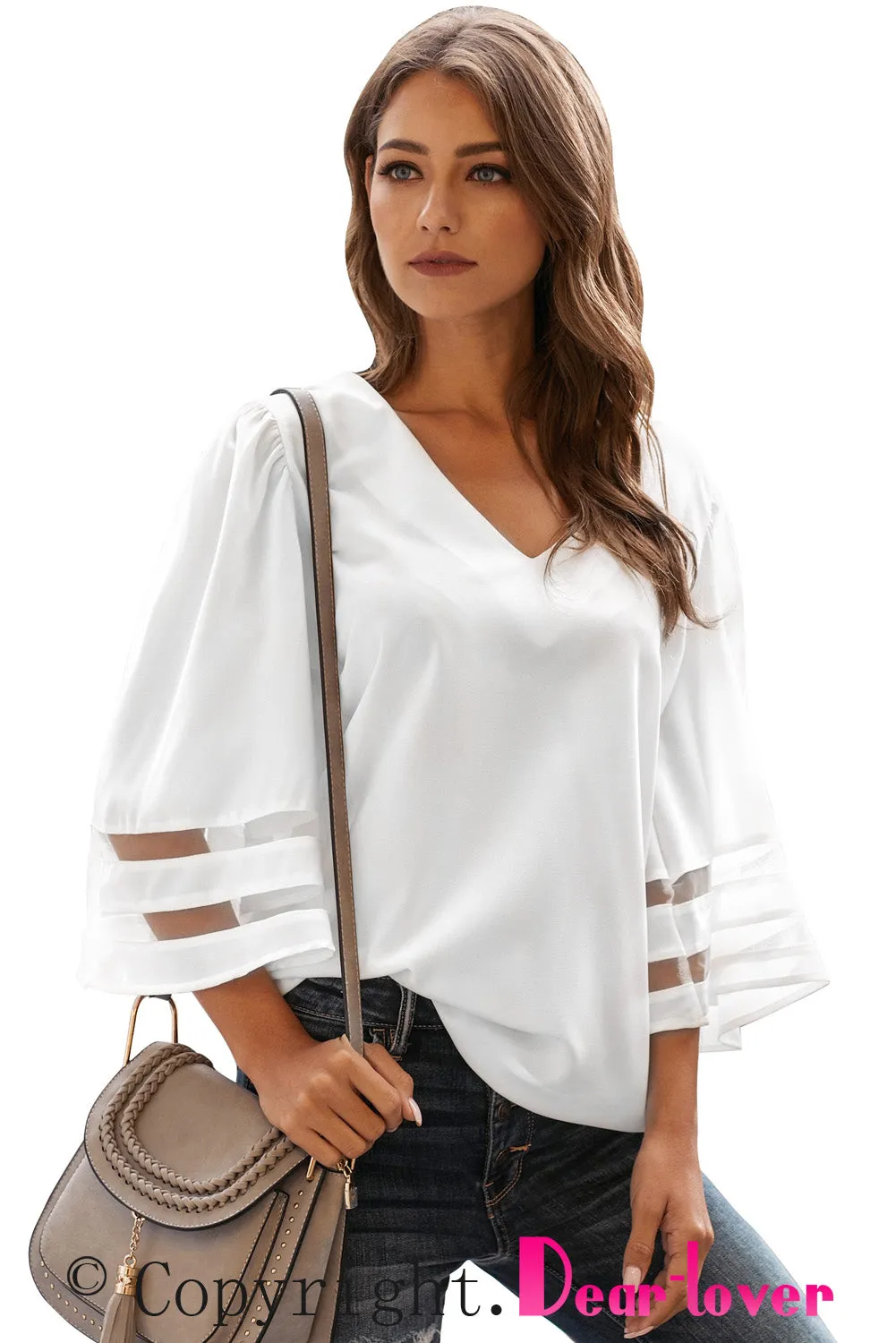 White Flare Sleeve V Neck Loose Blouse