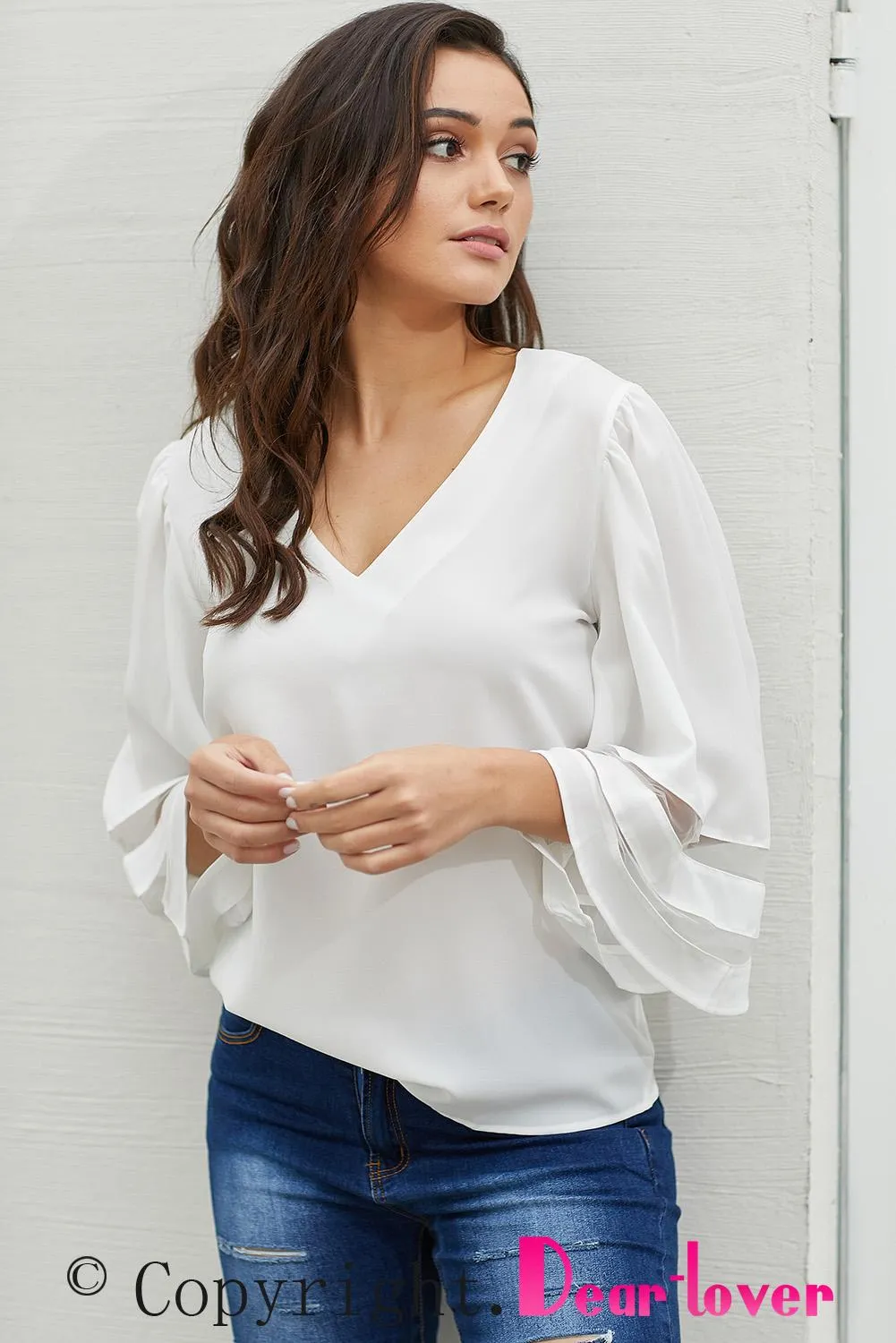 White Flare Sleeve V Neck Loose Blouse