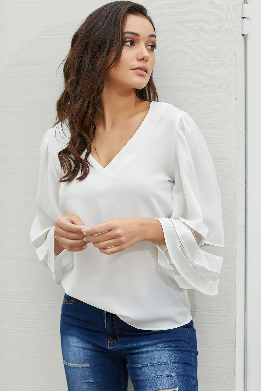 White Flare Sleeve V Neck Loose Blouse