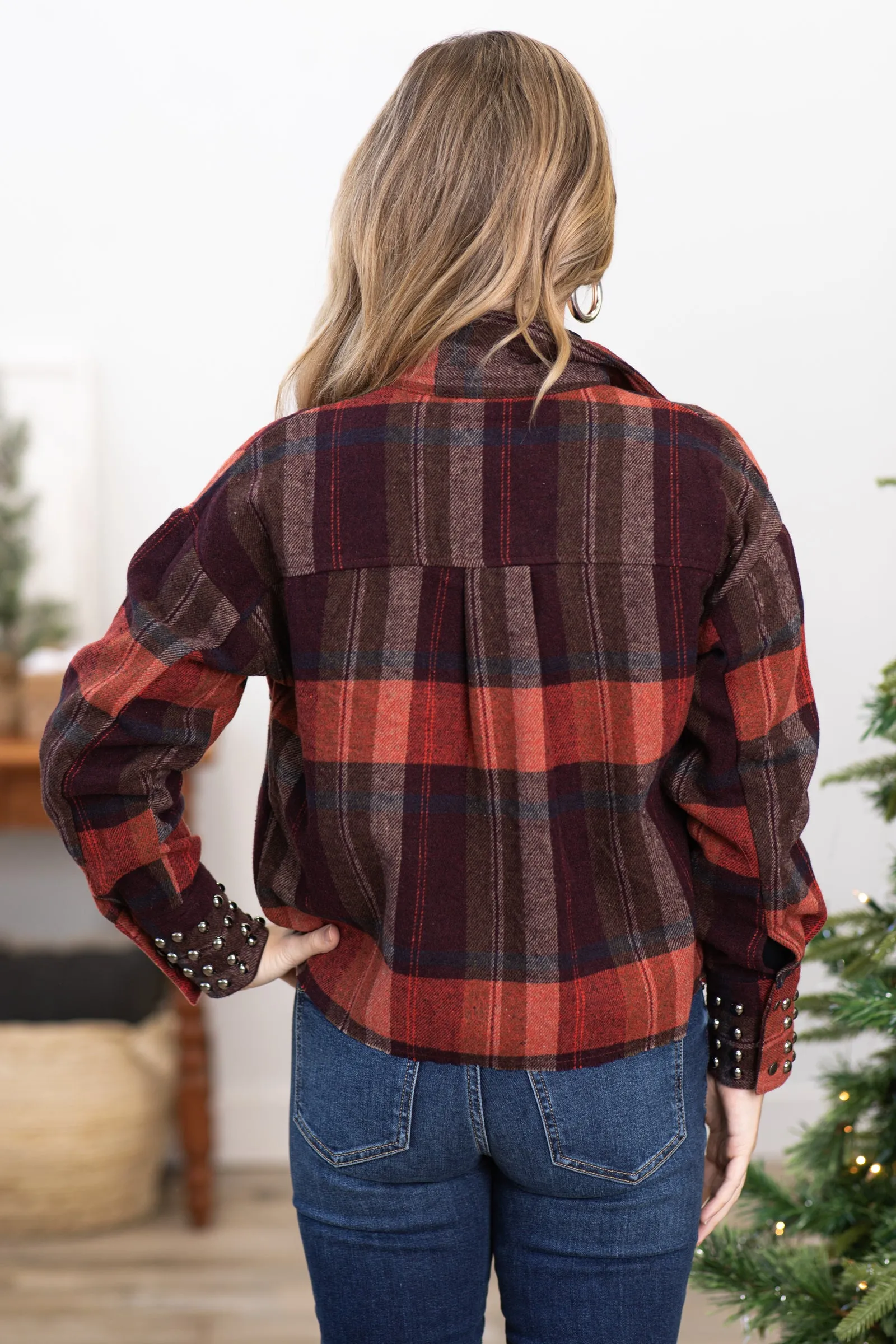 Wine Plaid Jacket With Stud Cuff Detail